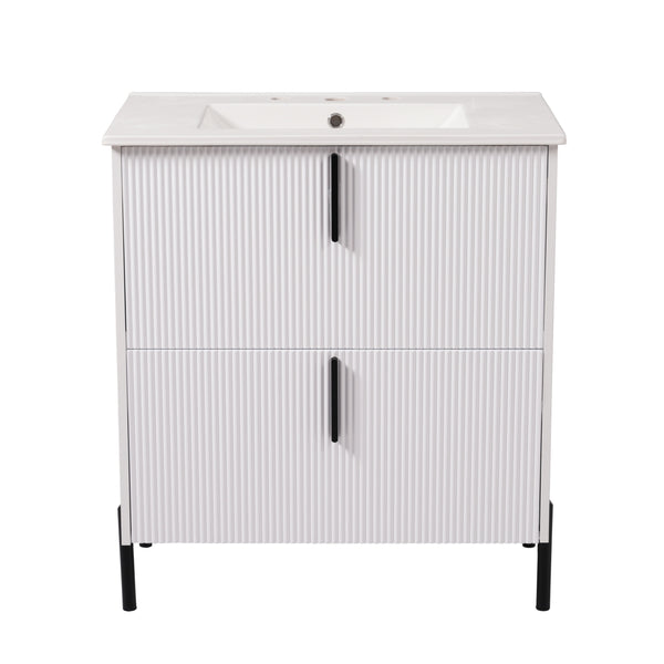 English Elm Christopher Knight Home® - 30" Elegant Bathroom Vanity With Ceramic Sink, Soft-Close Drawers & Fluted Design In Timeless White N817P295761W