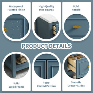 English Elm 30'' Bathroom Vanity with Ceramic Sink, Solid Wood Frame Freestanding Cabinet with 5 Drawers, Gold Knobs and Smooth Slide Rails Blue N710P247488C