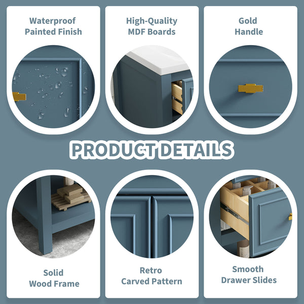 English Elm 30'' Bathroom Vanity with Ceramic Sink, Solid Wood Frame Freestanding Cabinet with 5 Drawers, Gold Knobs and Smooth Slide Rails Blue N710P247488C