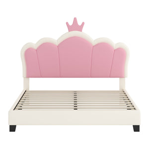 English Elm Full Upholstered Princess Bed with Crown Headboard — Sturdy Full Platform Bed for Girls, 500lb Capacity Cream 58.86 L x 25.98 W x 6.5 H N733P180808K