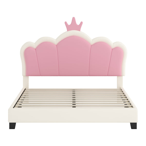 English Elm Full Upholstered Princess Bed with Crown Headboard — Sturdy Full Platform Bed for Girls, 500lb Capacity Cream 58.86 L x 25.98 W x 6.5 H N733P180808K