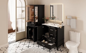 English Elm 67.57" Tall Matte Cabinet Vanity Combo with Glass Doors Soft-close Drawers Sink Black N729P000033B