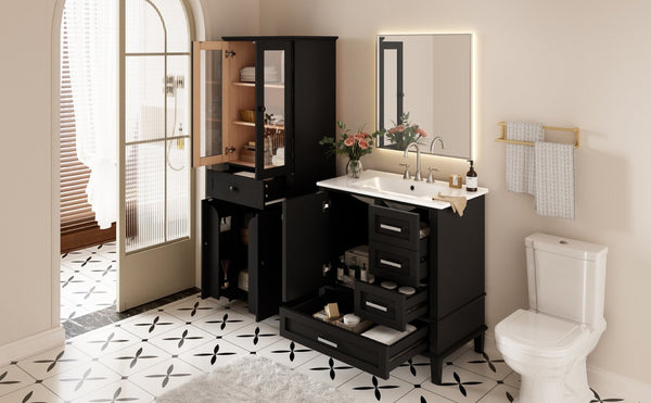 English Elm 67.57" Tall Matte Cabinet Vanity Combo with Glass Doors Soft-close Drawers Sink Black N729P000033B