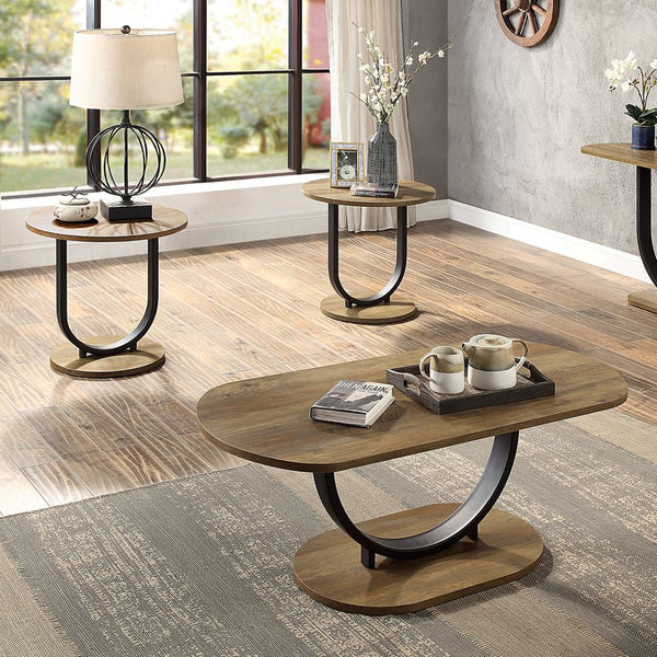 English Elm Industrial 3pc Coffee Table Set with Replicated Wood Tops and Sand Black U-Shape Steel Base, Rustic Appeal Black,Oak 51 L x 28 W x 8 H B2741P360157