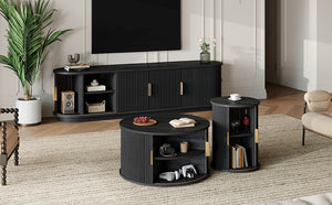 English Elm [Assembly Wooden TV Stand & Coffee Table Set with Fluted Sliding Doors, Golden Handles, Cable Management, Farmhouse Appeal Black N721S000053B