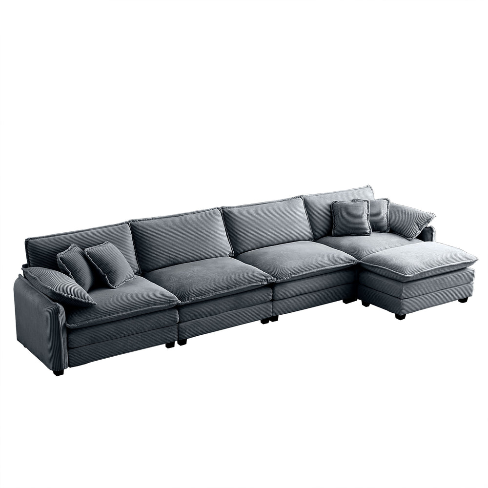 English Elm Corduroy 4-Seater Sofa With Footstool – Modern Upholstered Comfort, Ergonomic Design & Pillows Included W714S00761