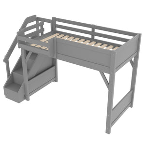 English Elm Twin Low Loft Bed Solid Pine Frame Kids Study Desk Blackboard Storage White Gray W1580S00467
