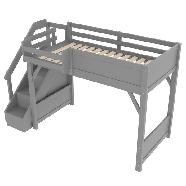 English Elm Twin Low Loft Bed Solid Pine Frame Kids Study Desk Blackboard Storage White Gray W1580S00467