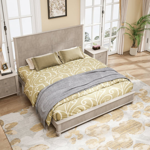 English Elm Solid Rubberwood Queen Platform Bed Tall Headboard Natural Grain No Box Spring W1716S00018