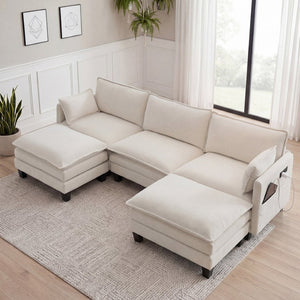 English Elm Modern Chenille Three Seat Sofa with Ottoman Usb Charging Ports and Storage Pockets Beige White W2519S00001