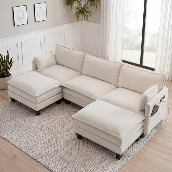 English Elm Modern Chenille Three Seat Sofa with Ottoman Usb Charging Ports and Storage Pockets Beige White W2519S00001