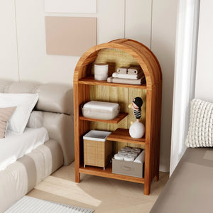 English Elm 4-tier Arched Freestanding Bookcase with Lattice Doors Open Display and Cabinet Storage W3123P485377