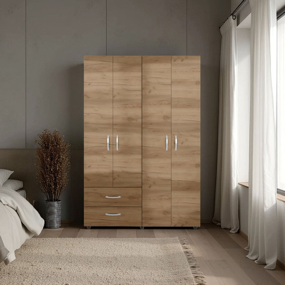 English Elm Natural Oak Two-door Wardrobe with Hanging Rod Adjustable Shelves and Lower Drawers B062S01855