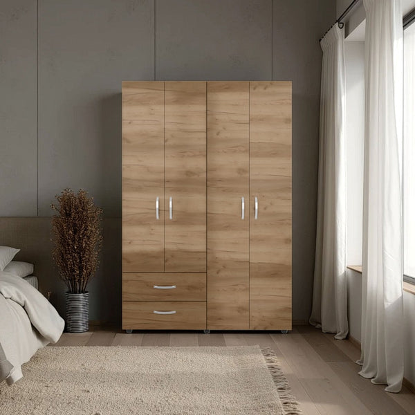 English Elm Natural Oak Two-door Wardrobe with Hanging Rod Adjustable Shelves and Lower Drawers B062S01855