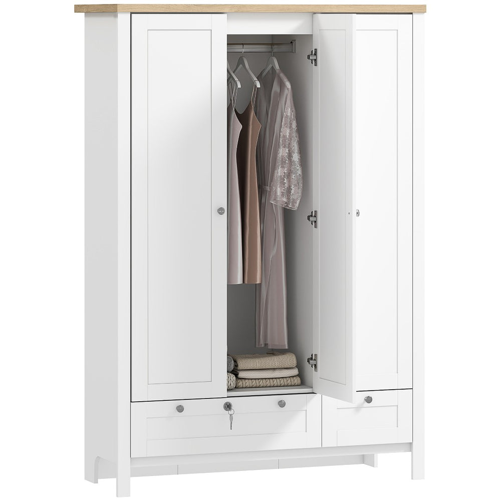 English Elm 3 Door Wardrobe Closet with Shaker Panels Hanging Rail Shelves and Locking Drawer T3971S00092