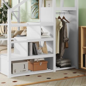 English Elm Queen Size Loft Bed With Stairs & Storage Shelves - Stylish Metal Frame For Kids & Teens, White W2580S00031-GIGA