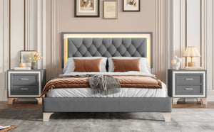 English Elm 3-Pieces Tufted Upholstered Platform Bed with Romantic LED Headboard and Two Storage Nightstands Gray 63.98 L x 23.23 W x 5.91 H N733S183659E