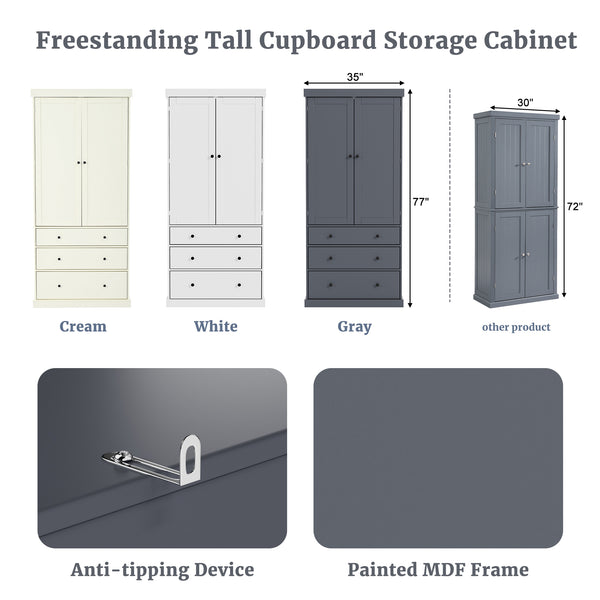 English Elm [Assembly 77in Farmhouse Kitchen Pantry Tall Freestanding Storage Cabinet with 3 Adjustable Shelves, 8 Door Shelves, 3 Drawers, Durable MDF Gray SP000047AAE