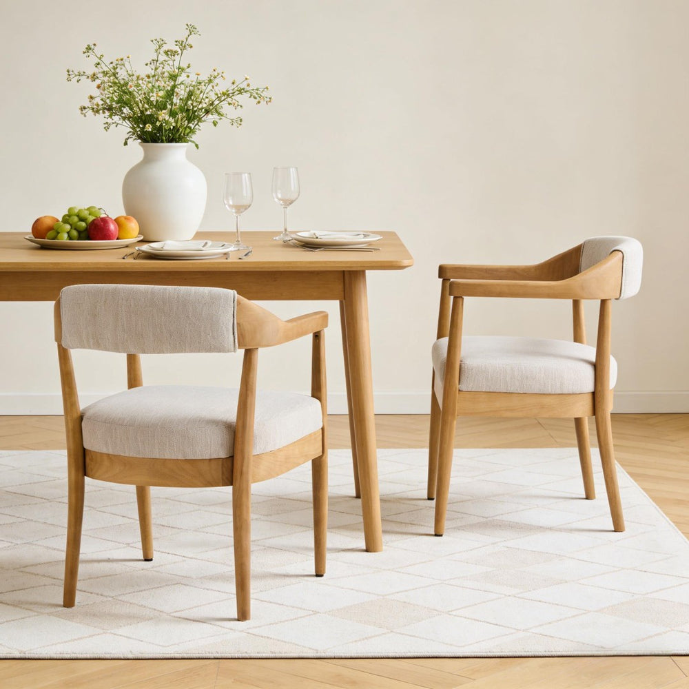 English Elm Wood Frame Upholstered Arm Dining Chairs Rubberwood Legs Beige Set of 2 N768P389408N