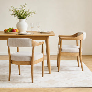 English Elm Wood Frame Upholstered Arm Dining Chairs Rubberwood Legs Beige Set of 2 N768P389408N