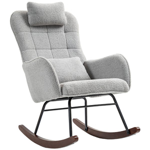English Elm HOMCOM Boucle Rocking Chair with Headrest & Lumbar Pillow, High Back Plush Foam, Steel Frame, Light Gray W2225P249588
