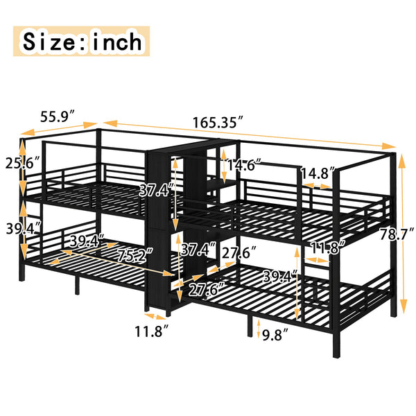 English Elm Full Size Quadruple Metal Bunk Bed With Storage & Wardrobe - Sturdy Design For Space-Saving Comfort W1580S00155