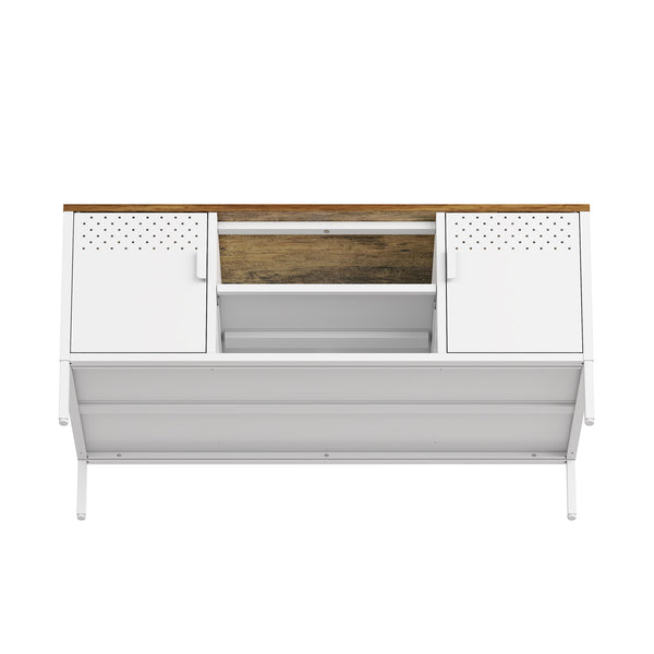 English Elm Landen 47" Metal Storage Cabinet with Wood Top and Cable Management — Sleek Industrial TV Console, Adjustable Legs White B365P397849