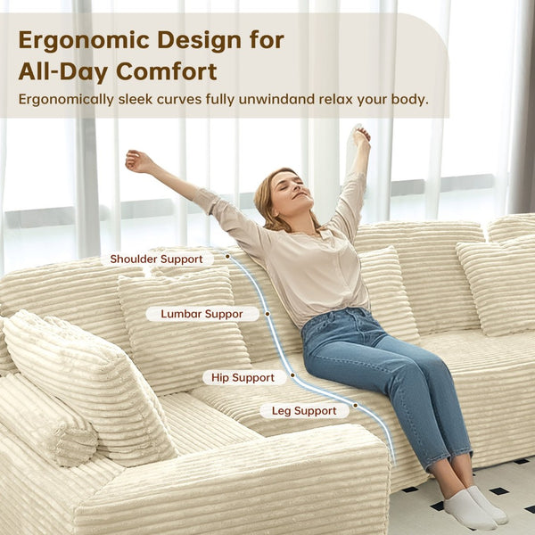 English Elm 135.5" Beige Corduroy U-shaped Sectional Six-seater with Reversible Chaise for Living Rooms W3276S00019