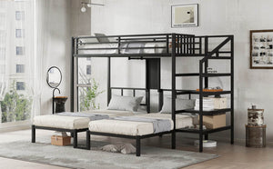 English Elm Twin Bunk Beds For 3 With Desk & Shelves, Space-Saving Metal Triple Bunk Bed, Noise Reduction, Black W1580S00116-GIGA