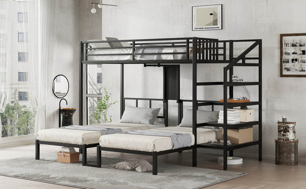 English Elm Twin Bunk Beds For 3 With Desk & Shelves, Space-Saving Metal Triple Bunk Bed, Noise Reduction, Black W1580S00116-GIGA