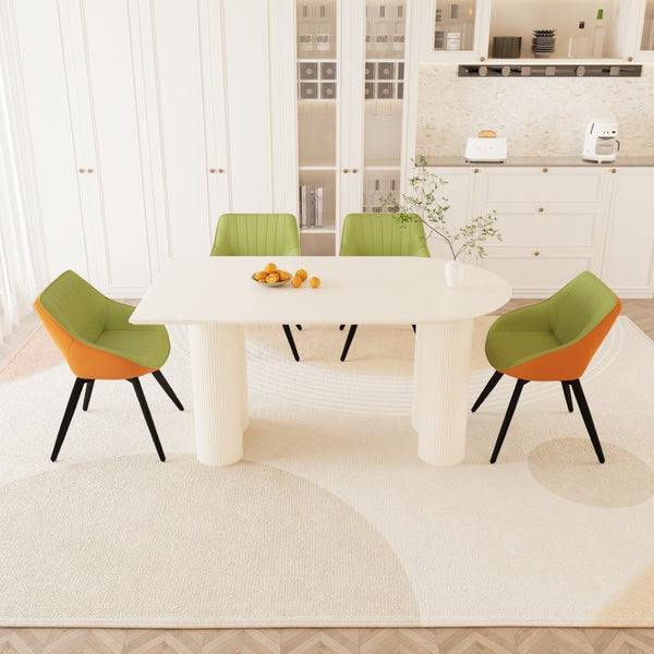 English Elm 63" Cream Mdf Dining Table Set with Carved Wave Legs and Beige Pu Upholstered Chairs White+Green W2189S00851