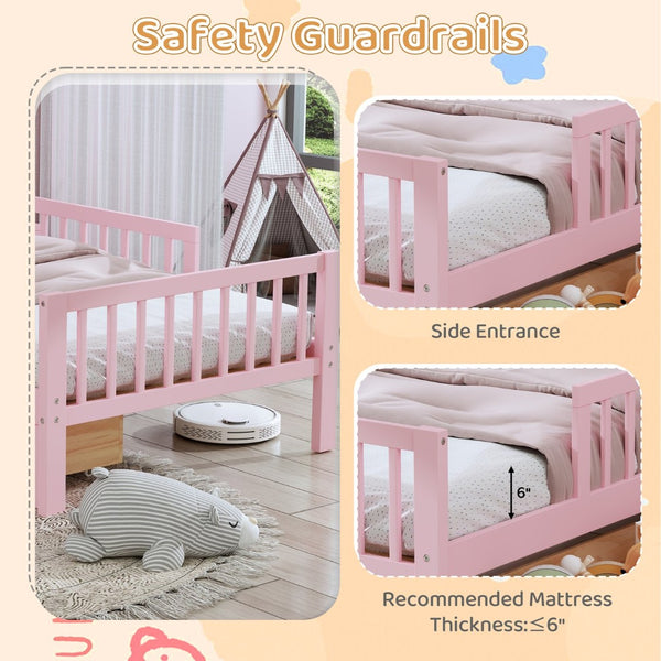 English Elm Twin Size Bed With Pink Finish, Headboard Storage, Under-Bed Drawers & Guardrails For Kids' Safety N733P272374H-GIGA