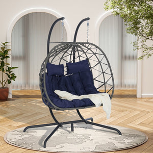 English Elm Double Hanging Egg Chair with Freestanding Iron Stand Woven Wicker Patio Swing Seat W874P270573