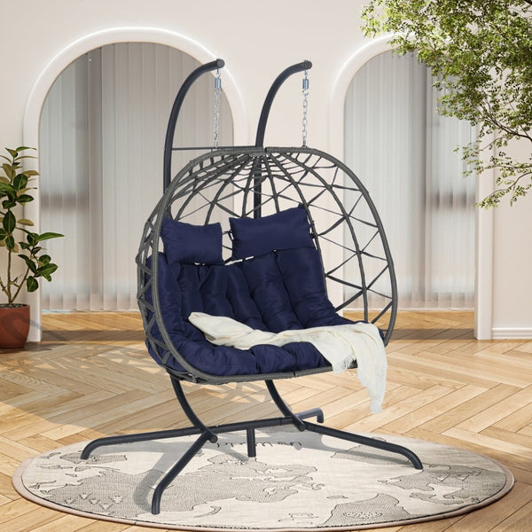 English Elm Double Hanging Egg Chair with Freestanding Iron Stand Woven Wicker Patio Swing Seat W874P270573