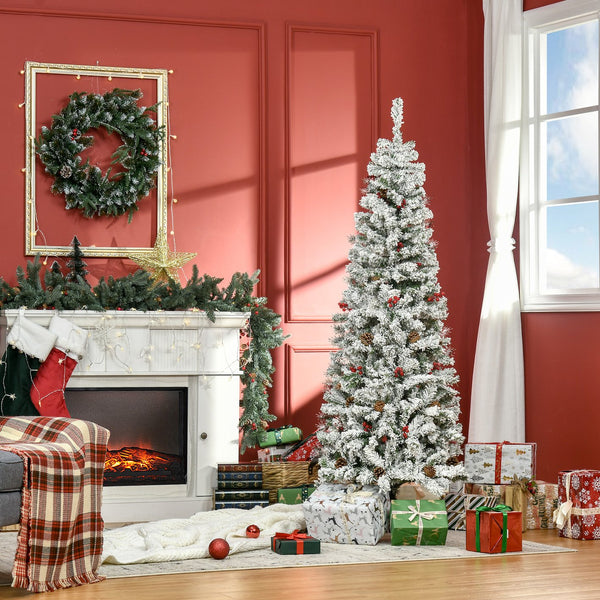 English Elm Homcom 6' Slim Snow Flocked Christmas Tree With 600 Realistic Pine Branches, Pine Cones & Berries W2225P229522
