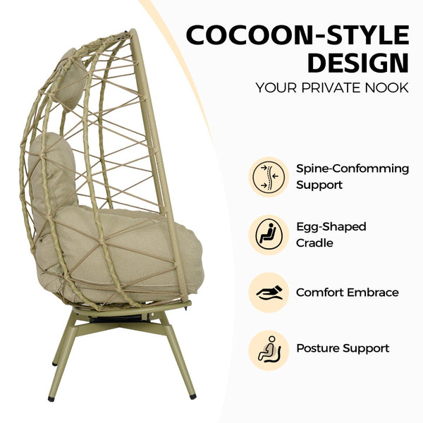 English Elm Oversized Swivel Rattan Egg Chair with Plush Cushion for Patio or Indoor Lounge T5880P501007