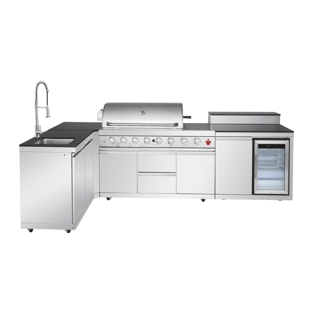 English Elm Outdoor Stainless Steel Grill Island with Sink Refrigerator and Built-in Bar Table W5007S00015
