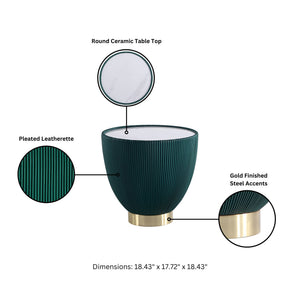 English Elm Anderson Sintered Stone Top Upholstered End Table with Pleated Leatherette & Gold Round Base, Modern Design Green B365P398476