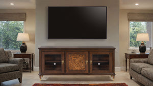 English Elm Modern 70" TV Stand Dark Cherry Finish with Gold Accents, 3 Felt-Lined Drawers, Sturdy Wood Design B2741P395430