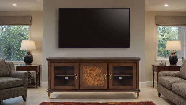 English Elm Modern 70" TV Stand Dark Cherry Finish with Gold Accents, 3 Felt-Lined Drawers, Sturdy Wood Design B2741P395430