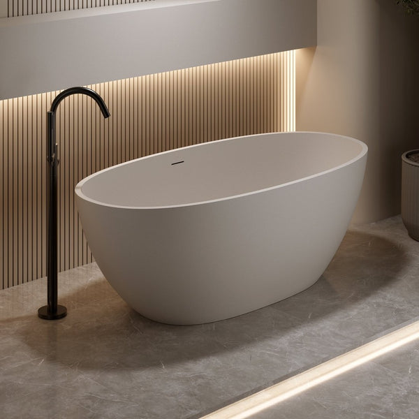 English Elm 55' 55 Inch Freestanding Stone Resin Soaking Tub Sculptural Oval Basin for Spa Bathrooms Beige W2753P415935