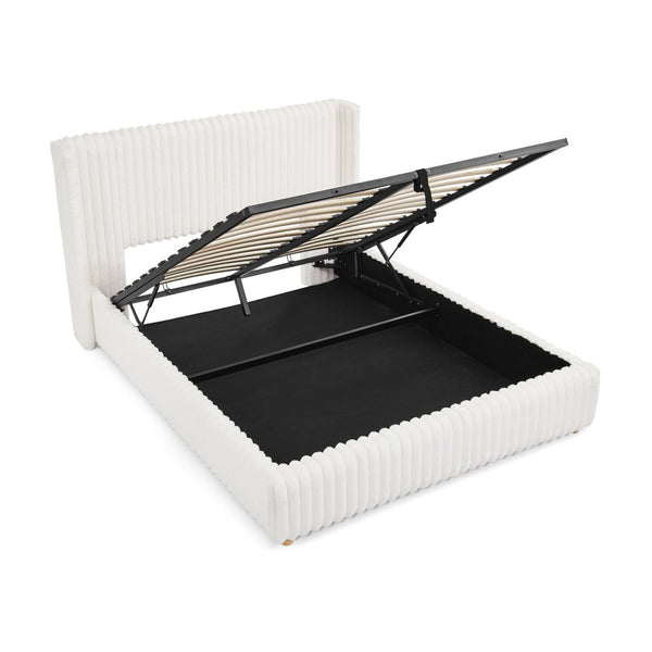 English Elm Queen Storage Bed Plush Ribbed Rabbit Fur Upholstery Gas Lift Platform Modern Luxury W1413S00181
