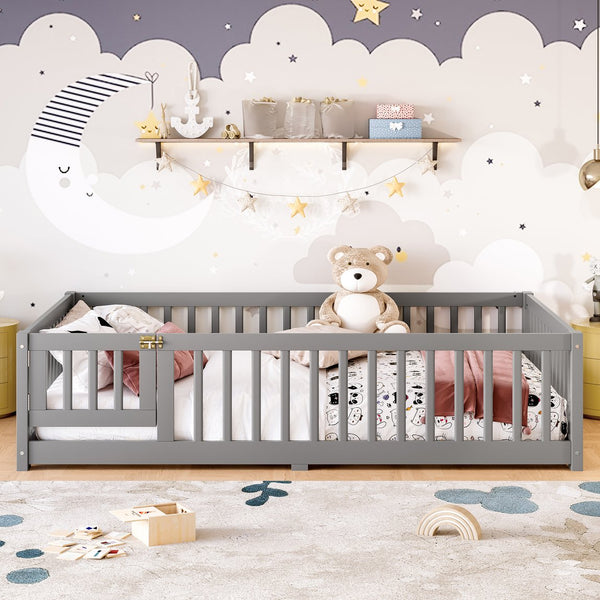 English Elm Full Floor Bed with Safety Guardrails and Play Door for Kids, Low Profile Pine Frame, 550lb Capacity Gray W1580P338951