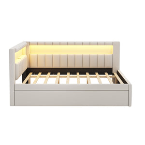 English Elm Upholstered Full Platform Bed with Trundle, Built-In USB Ports & LED Accent, Linen Upholstery White DL001925AAK