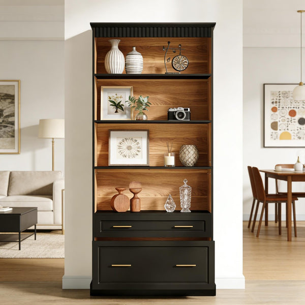 English Elm Open Five Tier Industrial Bookshelf with Steel Frame and Warm Brown Wood Finish T3971P452404