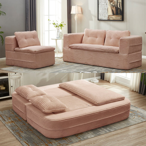 English Elm Multi Functional Sectional Sofa Bed Plush Corduroy Convertible 80" King Sleeper with Chaise, Deep Fluff Pink W3219P339466