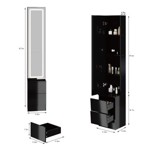 English Elm Length Floor Standing Vanity Mirror Cabinet with Led Lighting Jewelry Cosmetic Storage Black W3258P453346