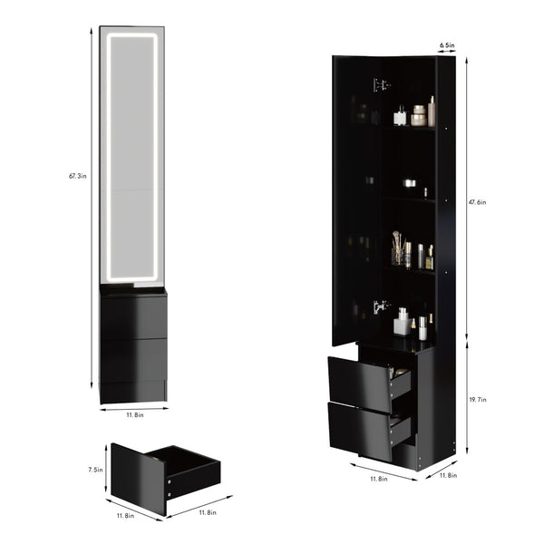 English Elm Length Floor Standing Vanity Mirror Cabinet with Led Lighting Jewelry Cosmetic Storage Black W3258P453346