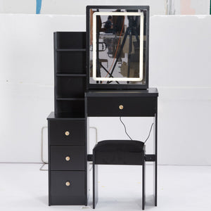 English Elm 29.2" Compact Vanity Table Set With Led Mirror, Touch Control, Large Storage & Stylish Stool For Small Spaces W936P226032