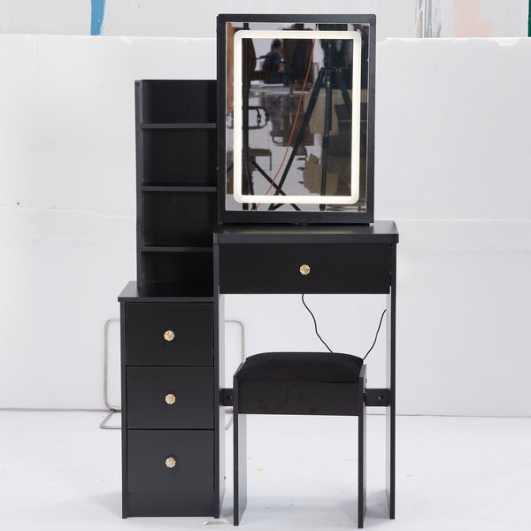 English Elm 29.2" Compact Vanity Table Set With Led Mirror, Touch Control, Large Storage & Stylish Stool For Small Spaces W936P226032